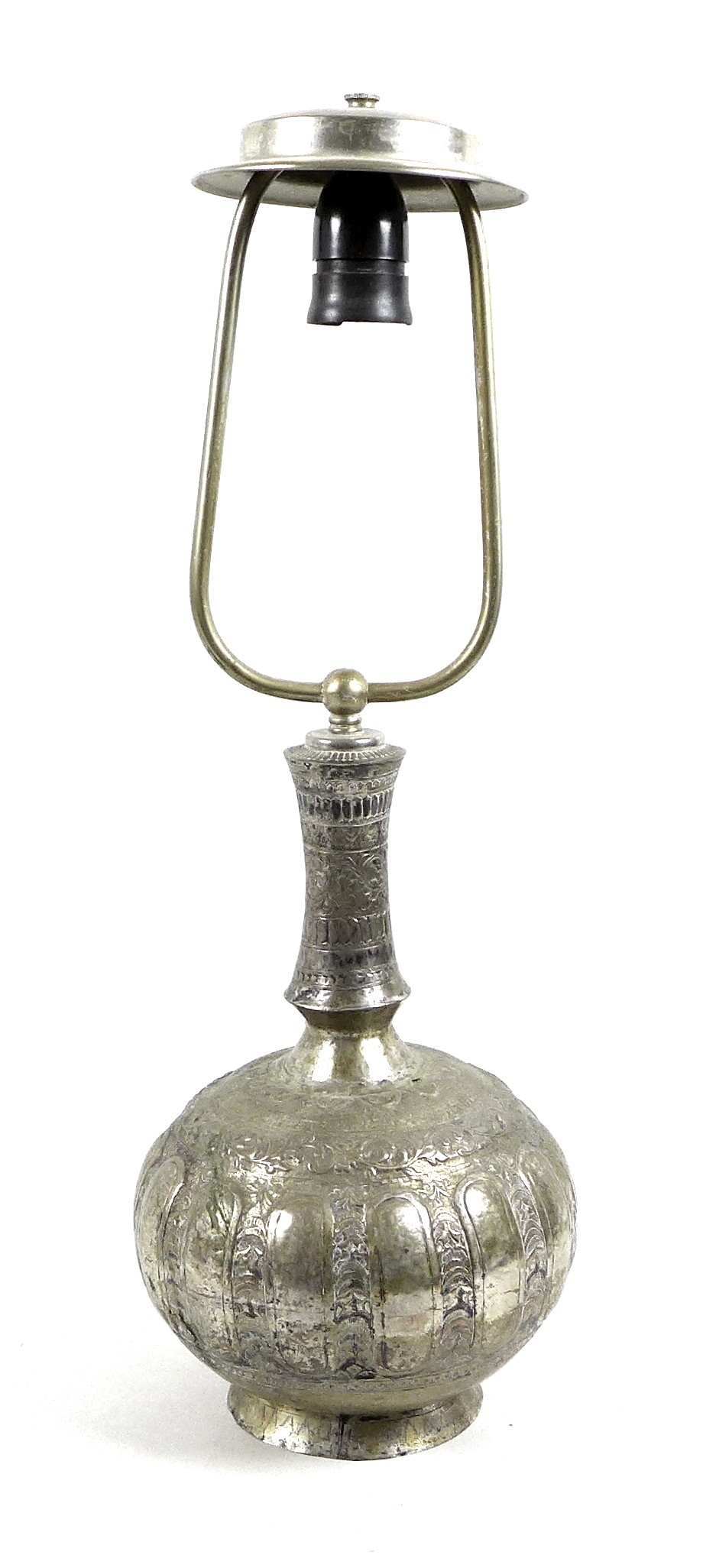 A white metal or brass silvered bottle vase, likely 19th century Indian the gourd form base