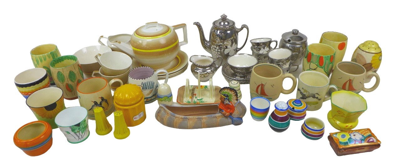 A large group of mixed ceramics, including two part tea sets, by Pareek, teapot 14cm high, and