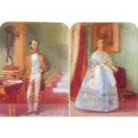 A pair of painted portraits, depicting a Victorian couple in an interior, pastel / watercolour,