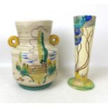 Two large Clarice Cliff vases, comprising a ribbed 'Stile and Trees' patterned vase with swollen