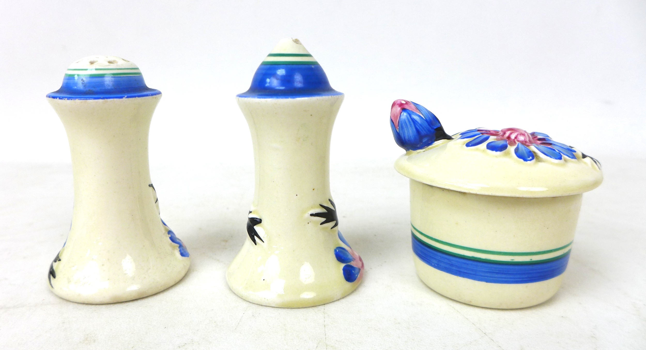 A Clarice Cliff 'Marguerite' Muffineer cruet set, relief moulded with flowers and foliage picked out - Image 2 of 3