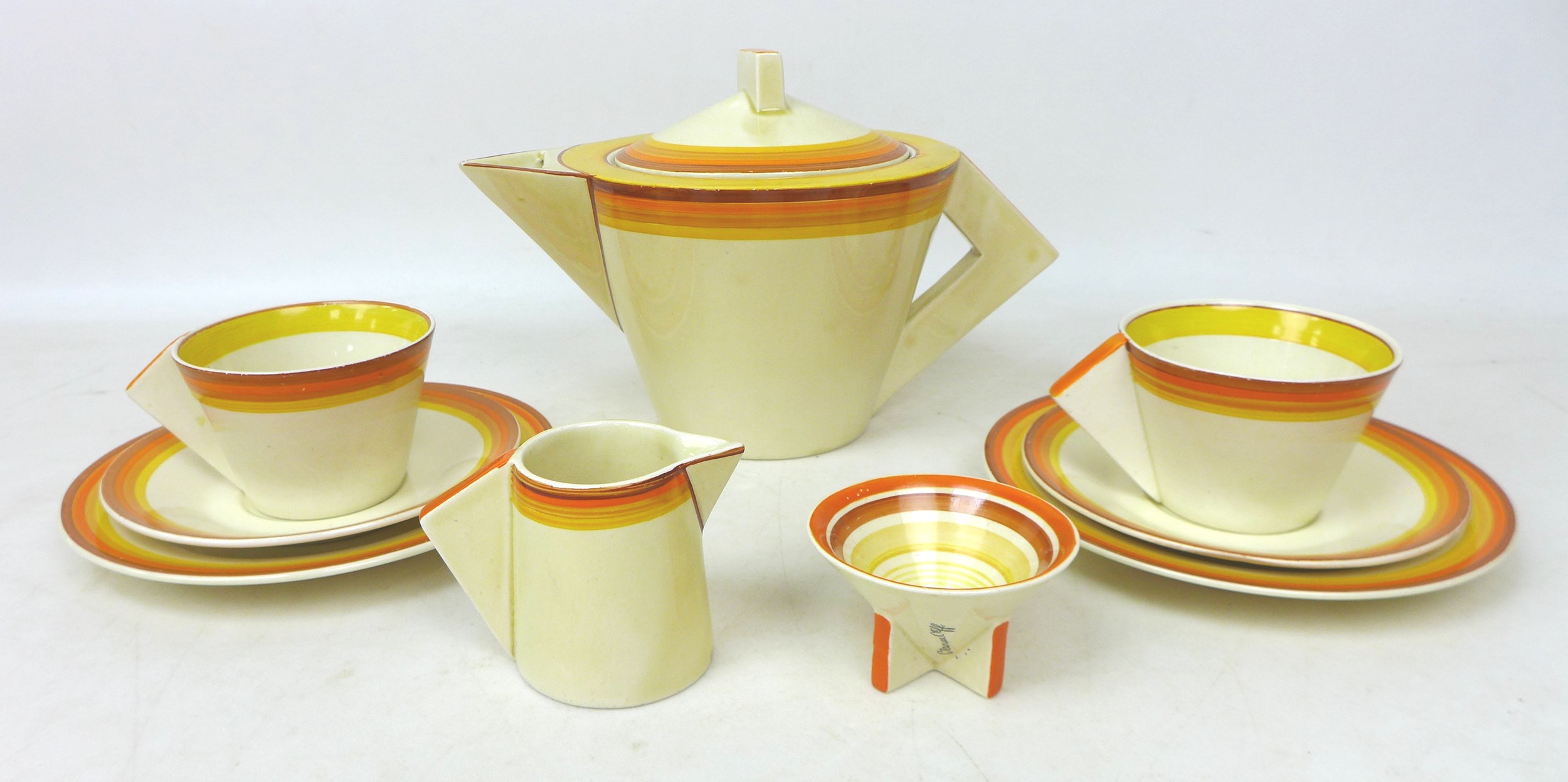 A Clarice Cliff conical Bizzare tea service, pattern number '5829', in 'Sunshine Bands' - Image 2 of 4