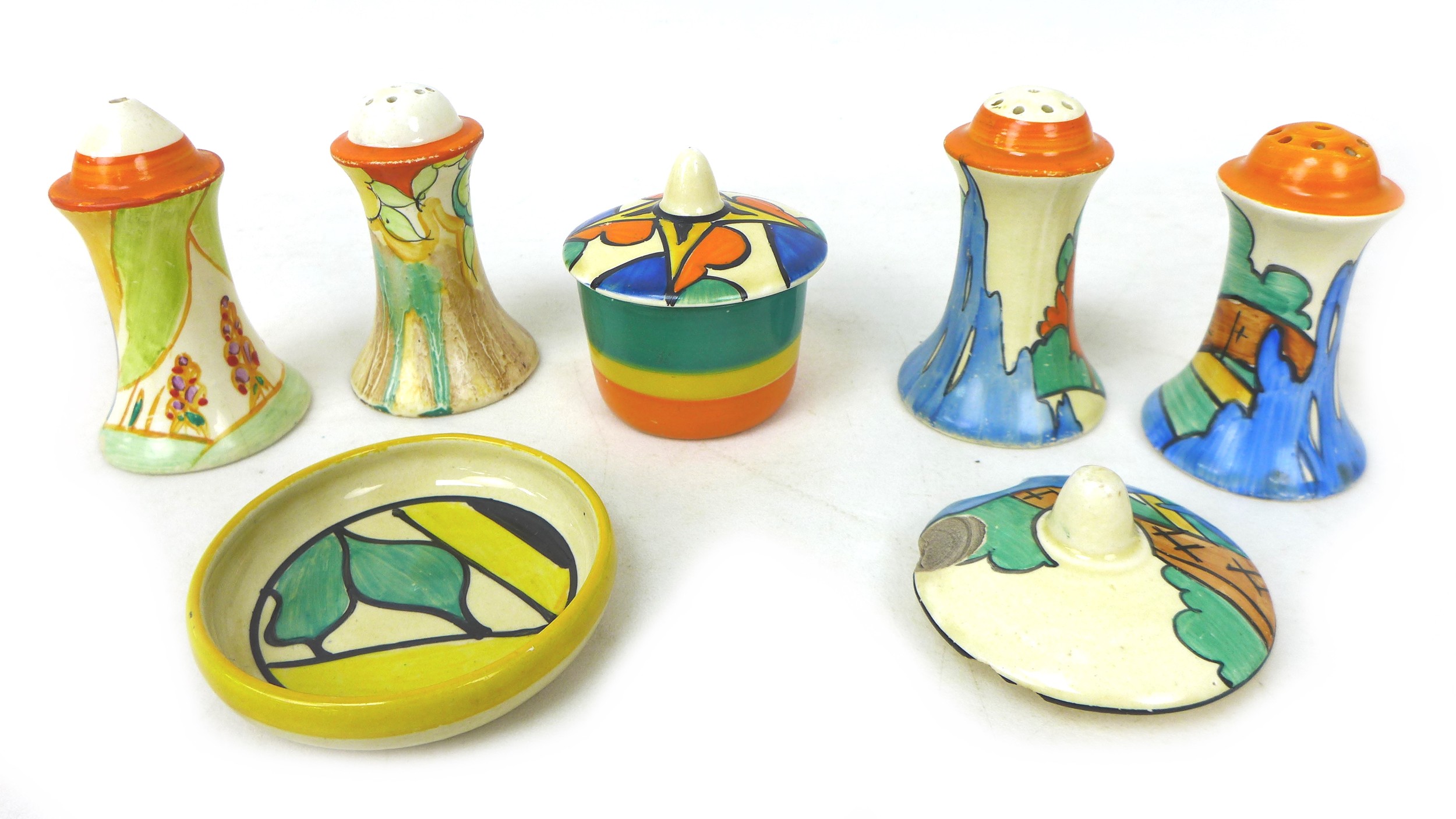 A mixed collection of Clarice Cliff, comprising a 'Double V' cruet pot and pin dish, two 'Orange - Image 2 of 3