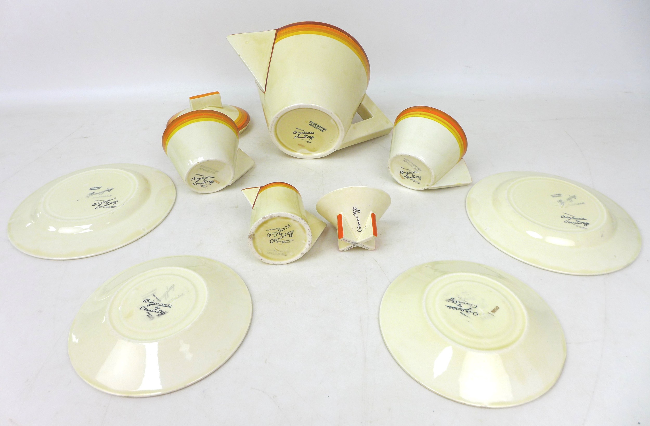 A Clarice Cliff conical Bizzare tea service, pattern number '5829', in 'Sunshine Bands' - Image 3 of 4