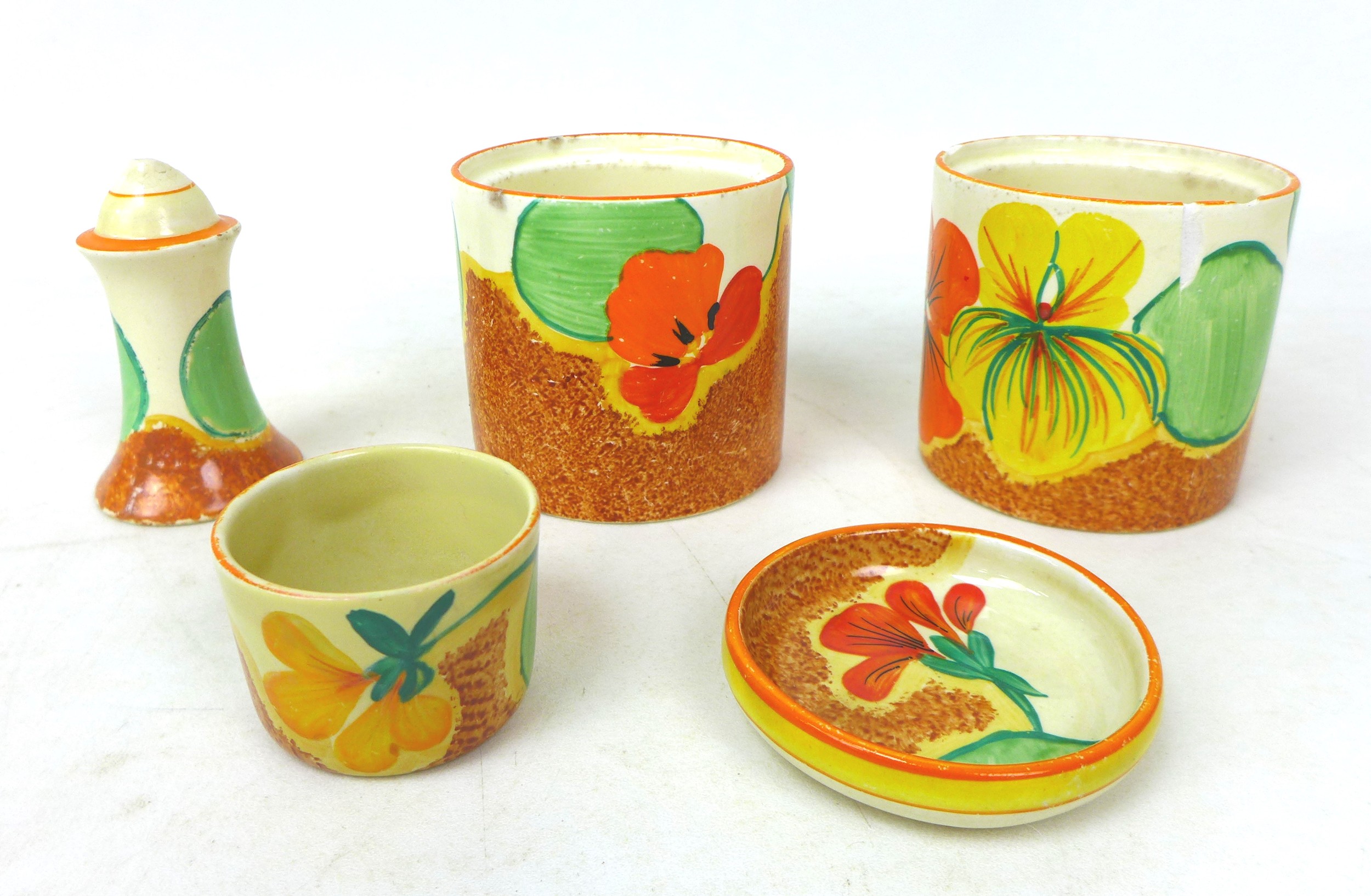 A collection of Clarice Cliff 'Nasturtium' pieces, comprising two drum shaped preserve pots, without - Image 2 of 3