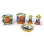 A collection of Clarice Cliff 'Gay Day' pieces, comprising a Cauldron pot, missing handle, 7cm high,