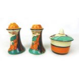 A Clarice Cliff Fantasque 'Orange Trees House' Muffineer cruet set, each marked to the base, tallest