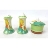 A Clarice Cliff 'Alton' Muffineer cruet set, each marked to the base, tallest 8cm high. (3)