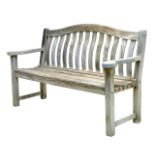A modern wooden garden bench, by Alexander Rose, with slatted back and seat, 156 by 58 by 98cm high.