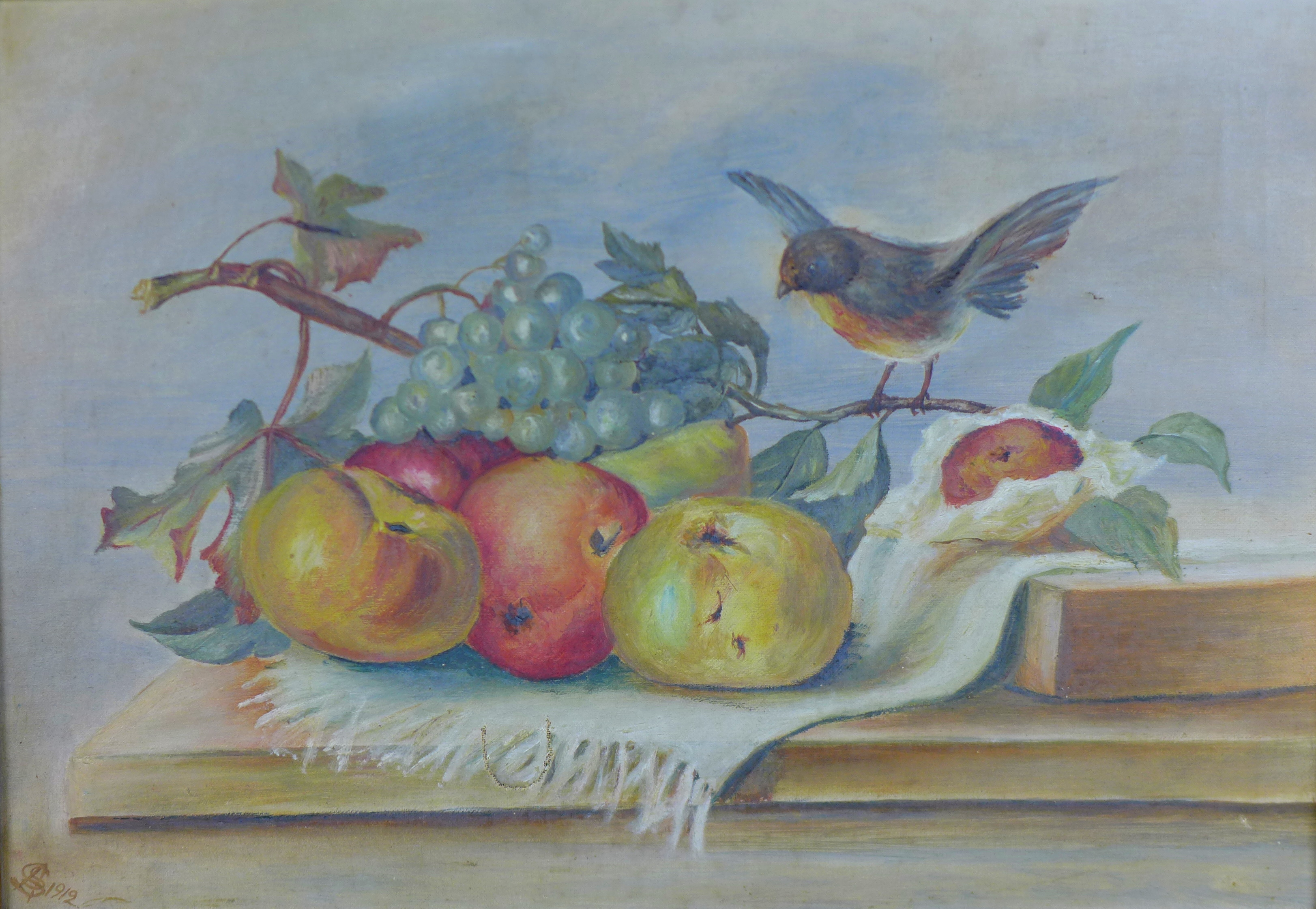 A pair of Edwardian still life paintings of fruit, each monogrammed ‘AS’ and dated 1912, framed. (2) - Image 6 of 10