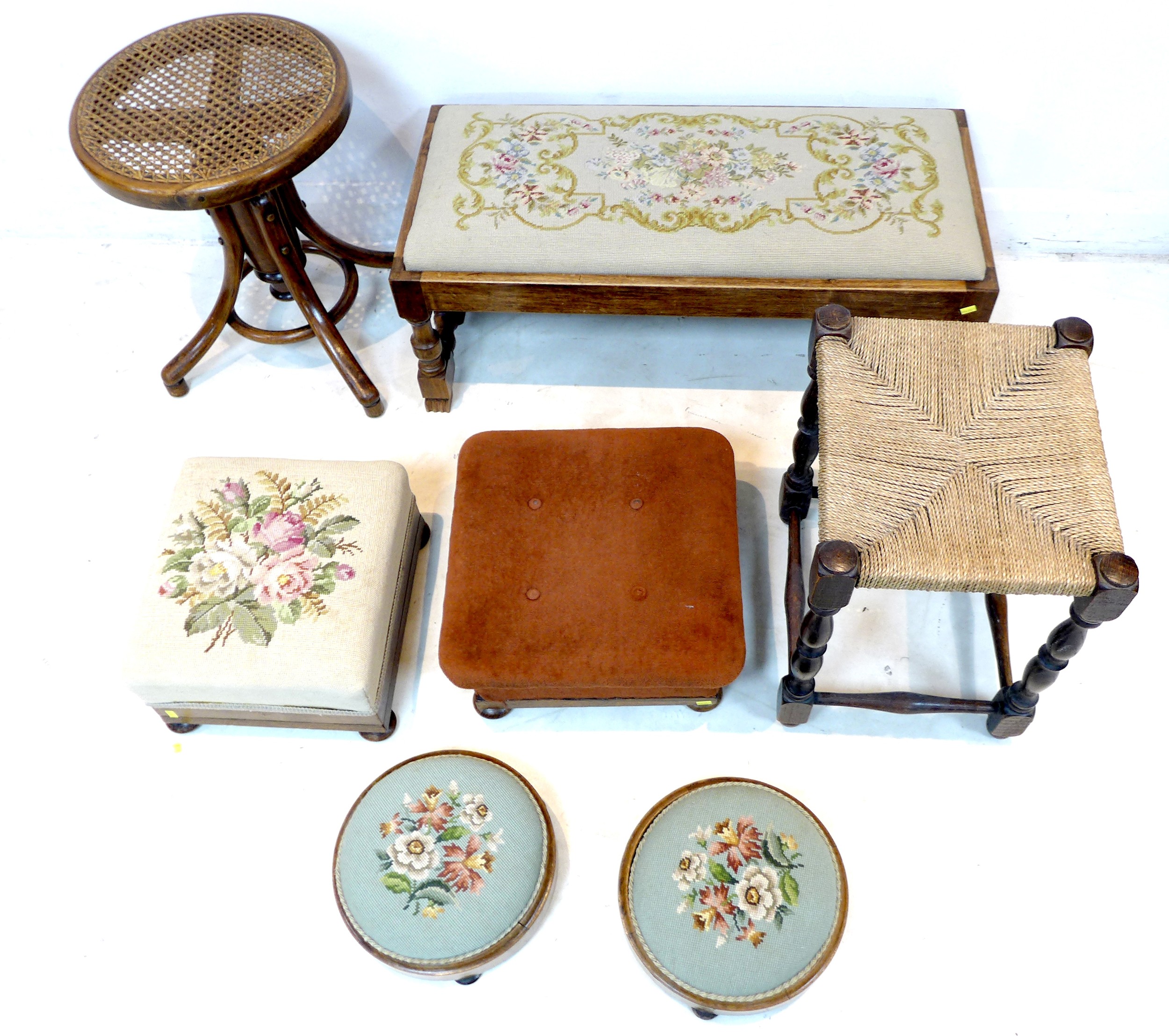 A group of seven stools, comprising a pair of Victorian circular footstools, with embroidered - Image 2 of 3