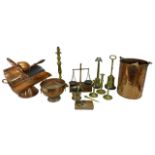 A collection of metal wares, including a copper coal scuttle and log box, a Victorian brass door