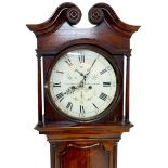 An early 19th century oak long case clock, twin train 8 day movement chiming on a bell, circular