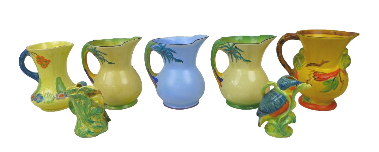 A collection of Art Deco jugs depicting birds, including Burleigh Ware Kingfisher, 12cm high, and - Image 2 of 4