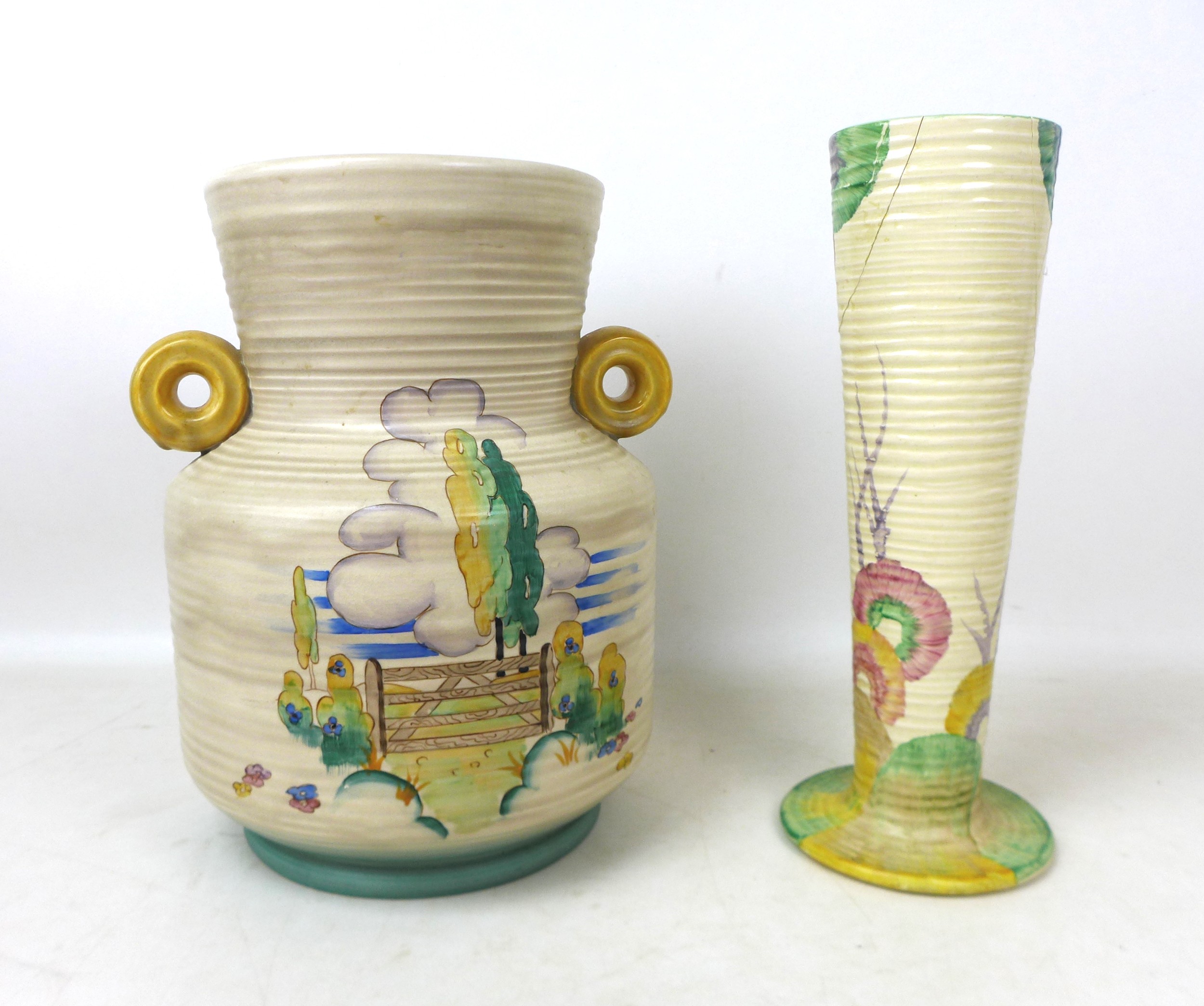 Two large Clarice Cliff vases, comprising a ribbed 'Stile and Trees' patterned vase with swollen - Image 2 of 3