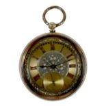 A Continental 14K gold cased pocket watch, open faced, key wind, the foliate applied gold coloured