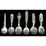 Six Scandinavian silver caddy spoons, including a Horsens Solvvarefabrik spoon with Johannes
