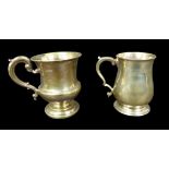 Two George III silver tankards, one of urn form with foliate scroll handle, on a circular foot,