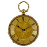 An 18K gold open faced pocket watch, key wind, dial with black Roman numerals and minute track,