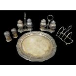 A collection of Edwardian and later silver, including an Edwardian small tray with pie-crust rim,