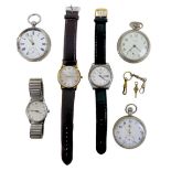 A group of pocket watches and wristwatches, comprising a Seiko 5 Automatic Day-Date stainless