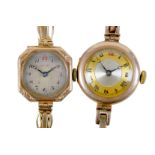 Two 9ct gold cased lady's wristwatches, early 20th century, one with circular case, the other with