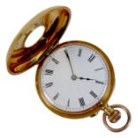 An Edwardian 18ct gold cased half hunter lady's pocket watch, with black Roman numerals to outer