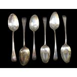 Six George III and later old English pattern table spoons, comprising three pairs, one pair with