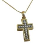 A 9ct gold pendant, formed as a cross set with small diamonds, 26mm long, on a 9ct gold chain,