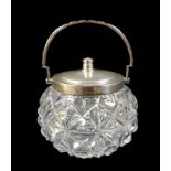 A 20th century cut glass and silver lidded bowl, with engraved swing handle, Walker & Hall,