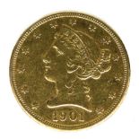 A 1901 US 5 dollar gold coin, 8.3g, 21.1mm diameter.