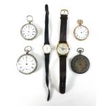 A group of four open faced pocket watches, one a gold plated Waltham, one a silver English lever,
