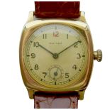 A Waltham 18ct gold cushion cased gentleman's wristwatch, circular cream dial, black hands,