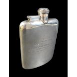 A George VI silver hip flask, with presentation inscription 'Presented to Alex West. Esq., By the