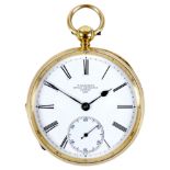 An 18ct gold cased open faced pocket watch, key wind, the white enamel dial signed 'Williamson,