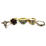 A group of gold rings, comprising an 18ct gold and garnet flowerhead ring, a/f one stone missing,