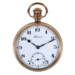 A 9ct gold Record gentleman's open faced pocket watch, circa 1935, keyless wind, the white enamel