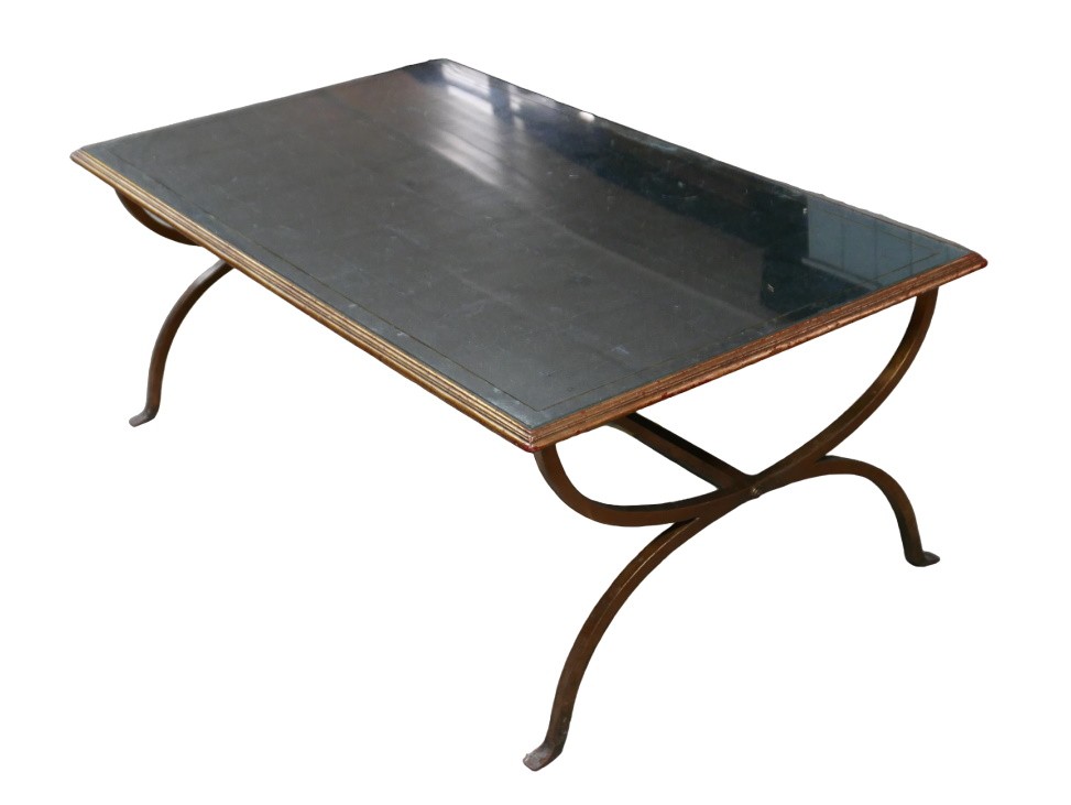 A 20th century mirrored topped coffee table, with bronzed metal base, 132 by 76 by 50.5cm high.