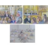 Priscilla Coleman (American, 20th century): three original courtroom sketches created for ITN (now