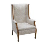An Edwardian lady's walnut show frame armchair, with cream upholstery, with spade fore-legs, 69.5 by