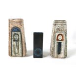 Three pieces of Troika pottery, comprising two Coffin Vases, one signed by Judith Illsley, 17.4cm