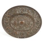 A 19th century French copper and silver plated tray, of oval form with wide rim and high footrim,