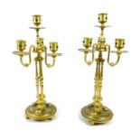 A pair of mid 20th century gilt metal four branch candelabra, inlaid with malachite cabochons,