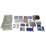 A collection of British coins and banknotes, including some pre-1947 silver content coins,