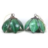 A pair of modern Tiffany style light shades, in the form of green flowers, with a double row of
