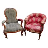 Two armchairs for restoration, one a Victorian easy armchair, 96cm high, the other an Edwardian