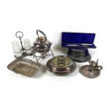 A small group of silver plated items, comprising kettle and burner stand, swing handled basket,