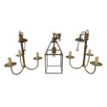 A group of modern ceiling lights, comprising a glass, lantern shade with opening door, 32cm high,
