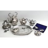 A small group of silver plated items, comprising large kettle and burner stand, a/f damaged, 38cm