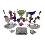 A collection of assorted colourful glass and silver plated wares, including continental green